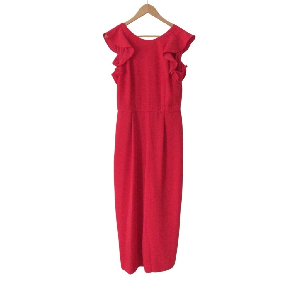 J Crew Sleeveless Ruffle Jumpsuit 365 Crepe 6 Red Open Back Ankle Length Boho
